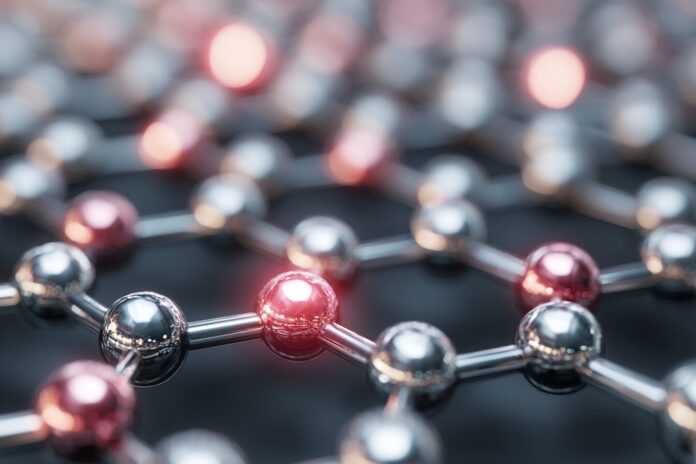 Close-up of a neutral atom quantum simulator lattice, showing ordered rubidium atoms in a kagome pattern