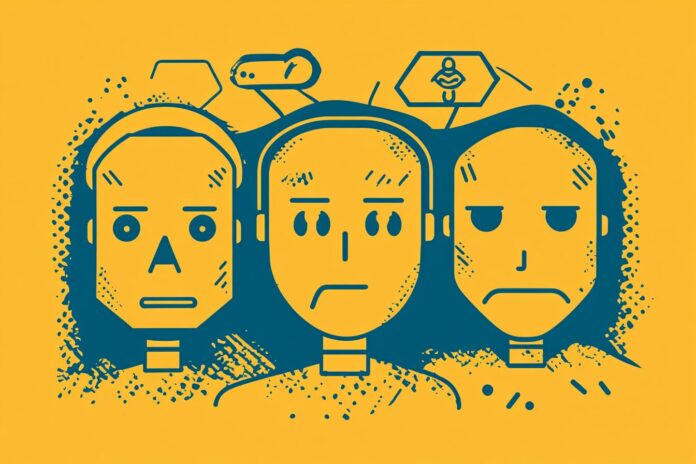 Illustration of AI chatbot faces with warning symbols, symbolizing therapy bots under regulatory scrutiny.