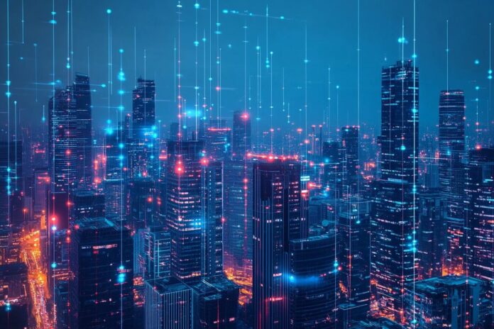 A futuristic city skyline enhanced by AI-driven infrastructure and digital connectivity.