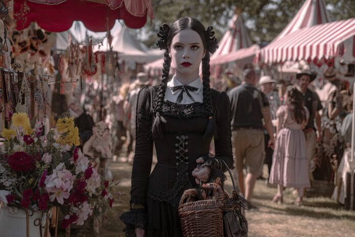 Wednesday Addams walking through a Gothic-themed summer festival