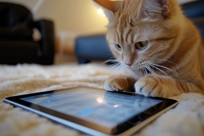 Cat studying tablet with AI app open, showing meow analysis results.