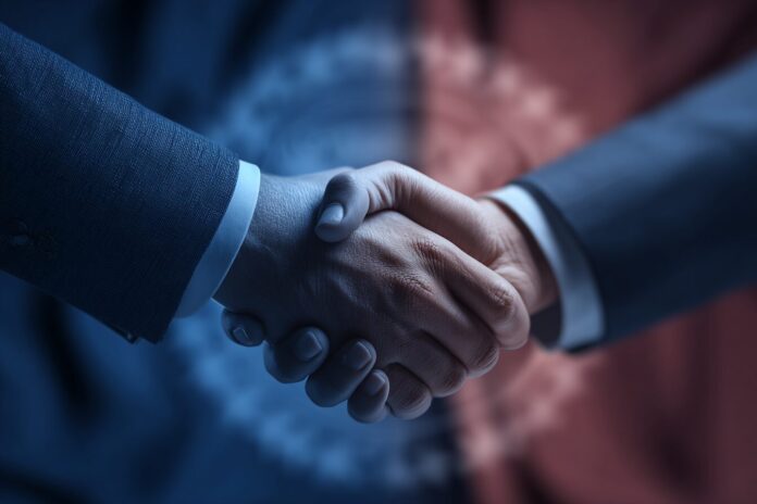 A handshake between OpenAI and the U.S. Department of Defense representatives, symbolizing a major contract agreement.