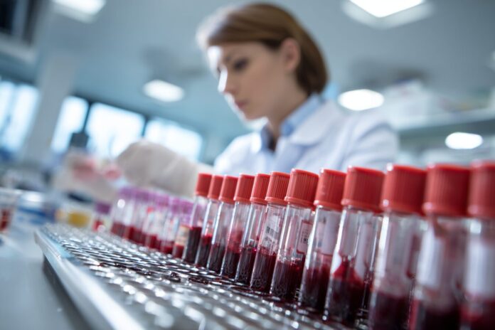 A researcher analyzing blood samples for early cancer detection in a modern laboratory.