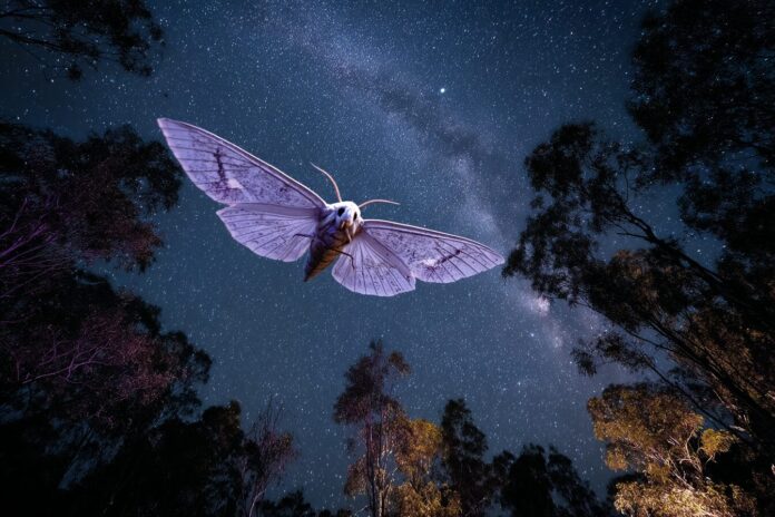 Bogong moth in flight under a starry night sky.