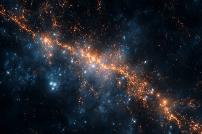 A sweeping view of a glowing filament of hot gas stretching between galaxy clusters in deep space.
