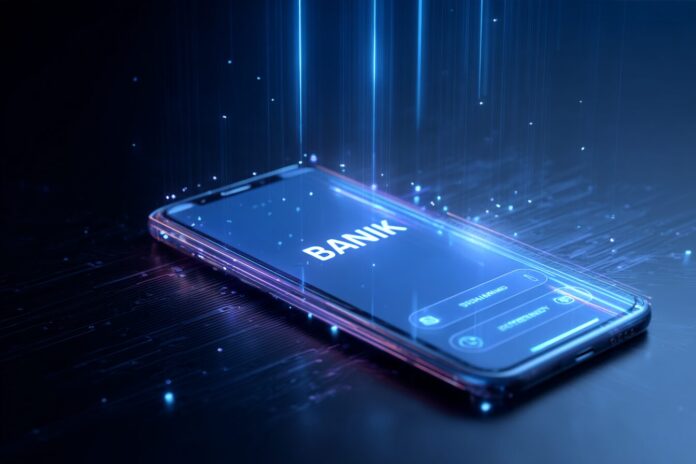 A stylized smartphone displaying a fake banking app login screen, with virtual environment effects.