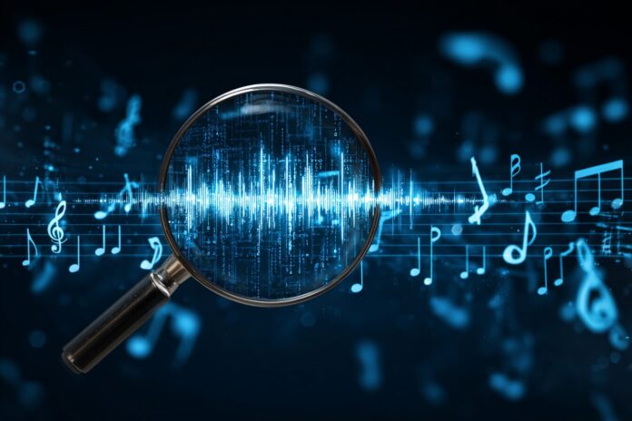 A digital waveform surrounded by music notes and a magnifying glass, symbolizing AI detection in music.