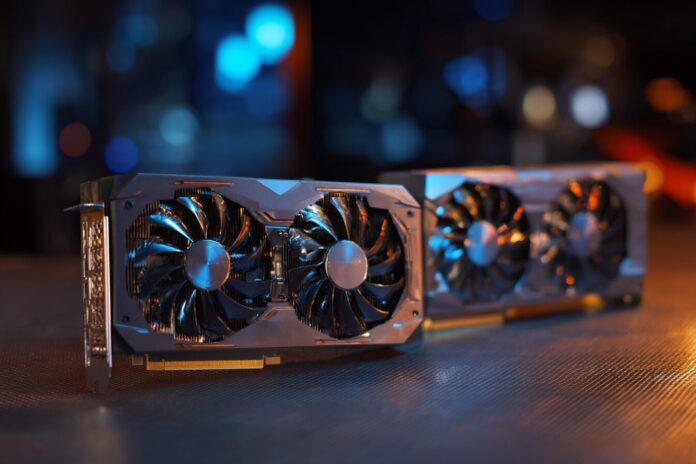 AMD UDNA graphics card with HDMI 2.2 ports displayed against a high-resolution multi-monitor setup