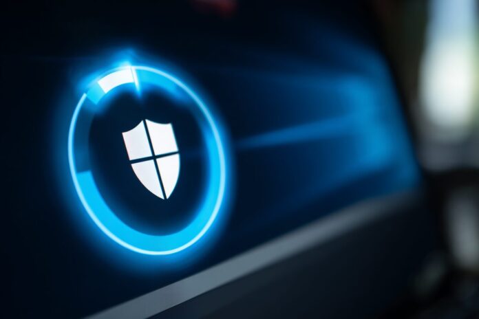 Microsoft Windows Update interface with a progress bar and a shield icon, symbolizing security and system updates.