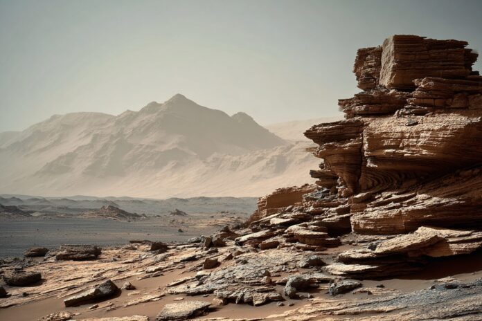 Curiosity Mars rover captures intricate boxwork ridges on Mars with Mount Sharp in the background.