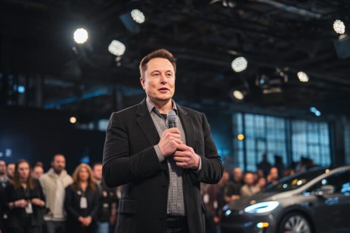 Elon Musk at a Tesla event, addressing the audience after recent company changes.