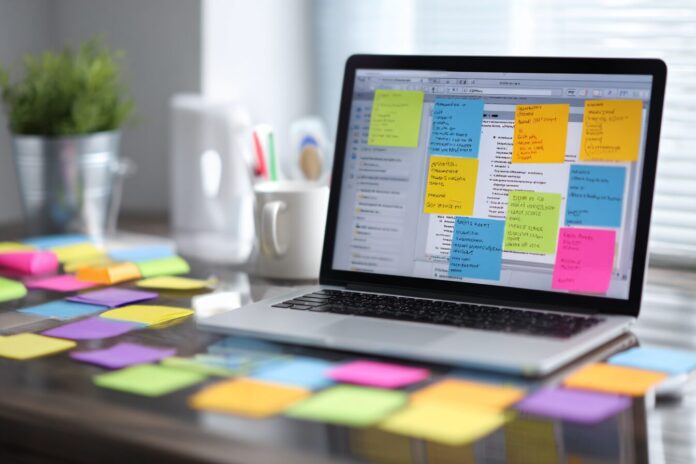 ChatGPT productivity hacks in action: browser and desktop view with user prompts and colorful sticky notes.