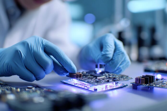 Scientist handling old circuit boards in a lab, symbolizing the extraction of gold from e-waste.
