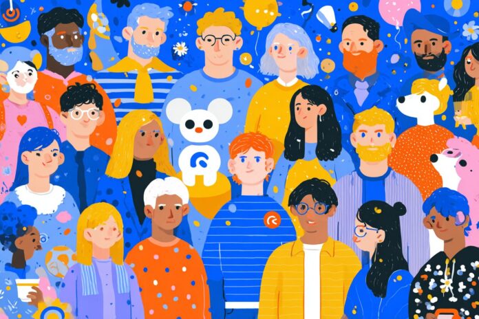Bright anniversary-themed illustration with the Reddit logo, AI iconography, and community avatars.