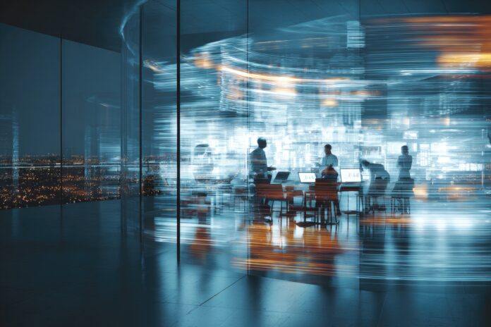 Abstract digital agents collaborating in a futuristic corporate command center