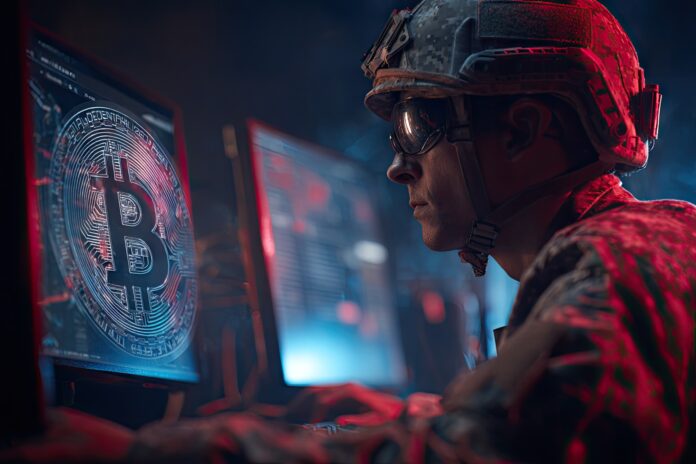A cyber police officer in front of a computer screen displaying digital currency mining activity.