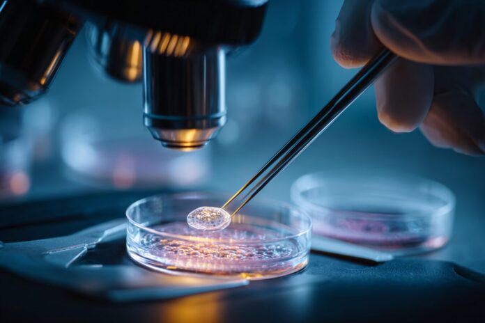 Scientist examining gene-edited human embryo cells in a laboratory setting.