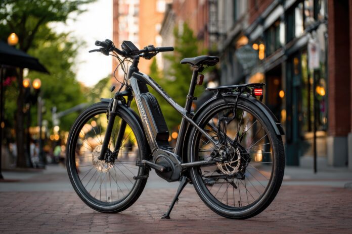 Priority Current Plus Ebike parked outdoors in a city.