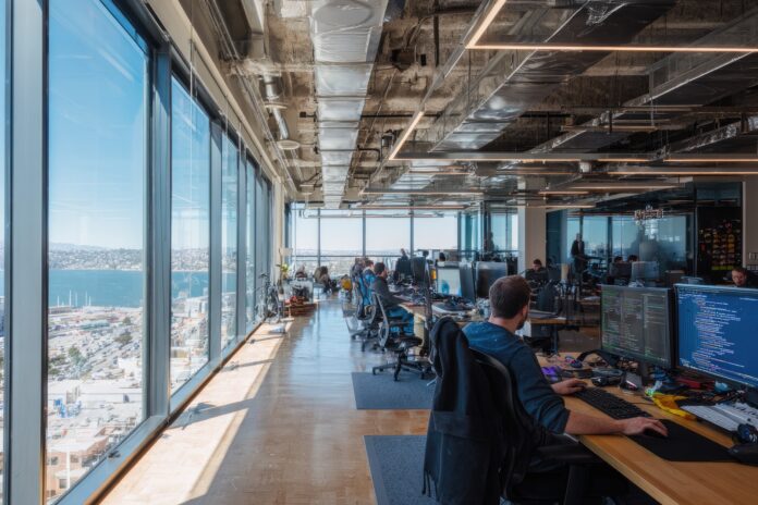 Modern tech office space in San Francisco’s Northern Waterfront with AI startup teams collaborating