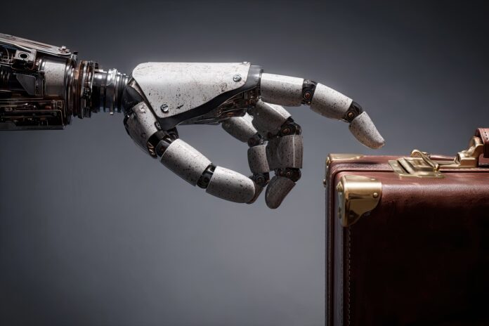 A robotic hand reaches for a briefcase, symbolizing job automation.