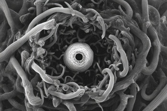 A close-up of a writhing tower of nematode worms forming around a central object.
