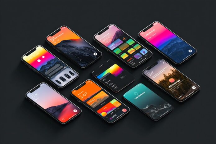 Colorful mockups of iOS 26 and macOS Tahoe interface with Liquid Glass design.