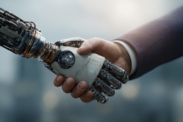 AI trust between human and machine represented by a handshake.