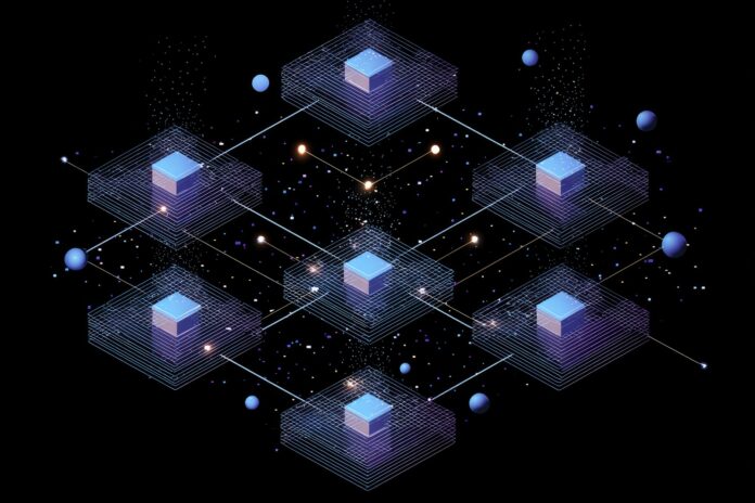 Illustration of Tezos blockchain scaling with interconnected nodes highlighting the Data Availability Layer.