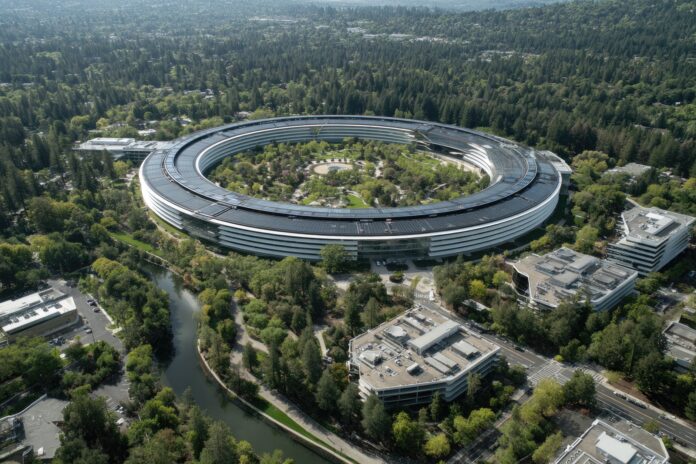 Apple Park aerial view with WWDC banners displayed