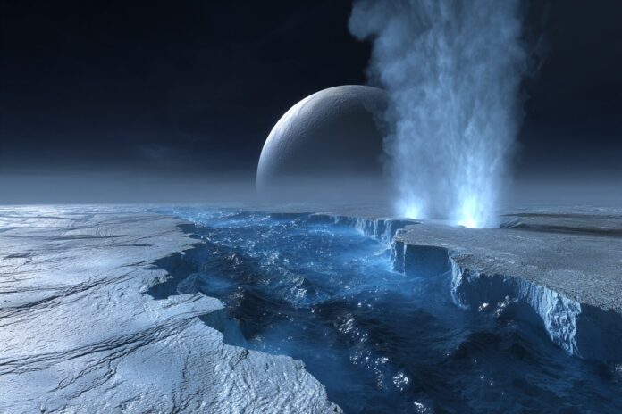 Artist’s rendering of an icy moon with a subsurface ocean, showing plumes erupting from cracks in the surface.