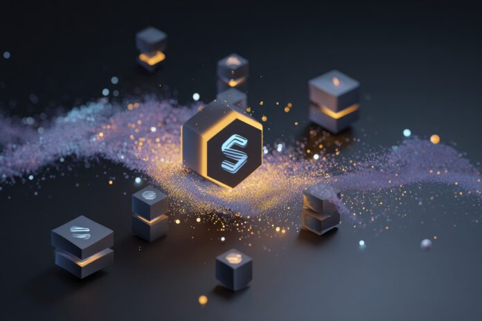 Illustrated concept of fast blockchain consensus with Solana and Alpenglow branding.