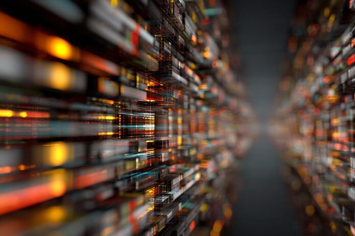 An abstract digital visualization representing compact data storage and algorithmic compression in computer memory.