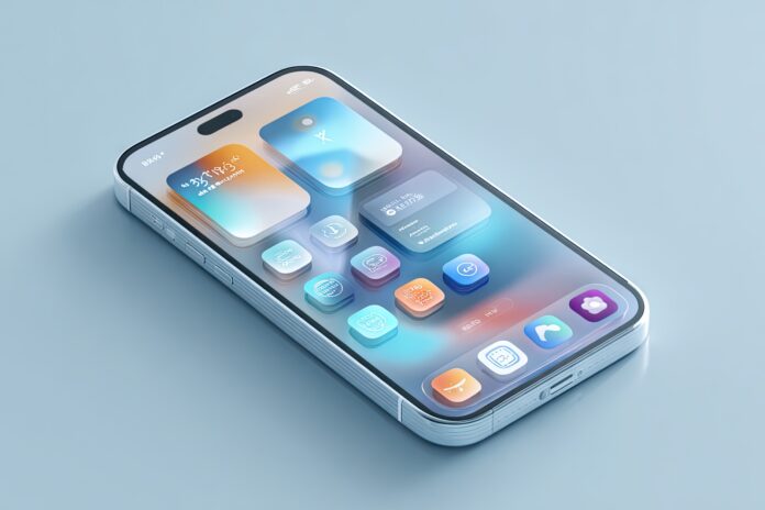 A conceptual image of an iPhone displaying the redesigned interface of iOS 19 (rumored as iOS 26), featuring glass-like translucency and a floating tab bar.
