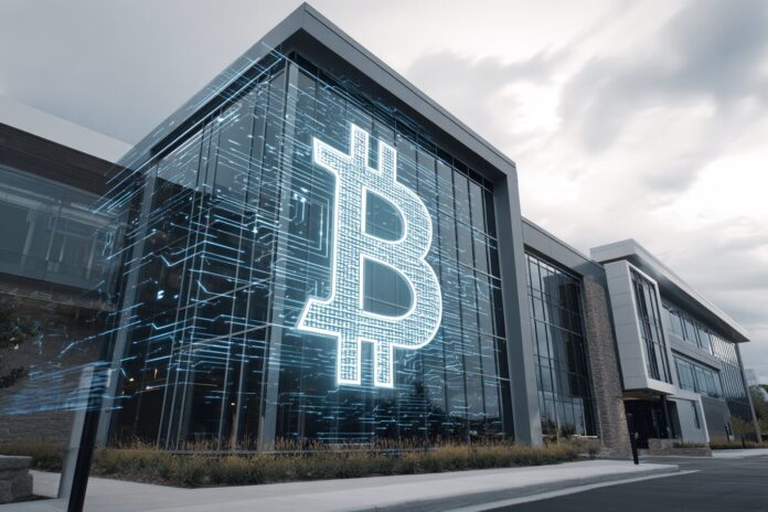 KULR Technology building with digital Bitcoin overlay