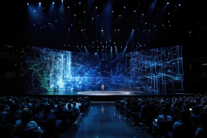 WWDC 2025 keynote stage with Apple Intelligence visuals