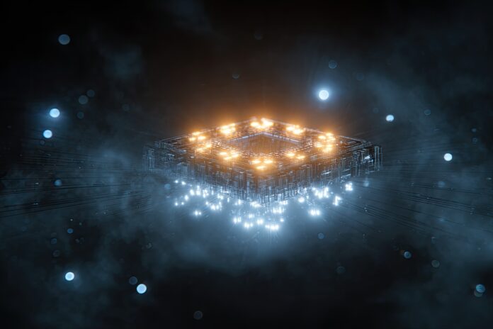A glowing quantum computer processor floating in a dark space, symbolizing the formidable capabilities of quantum technology.