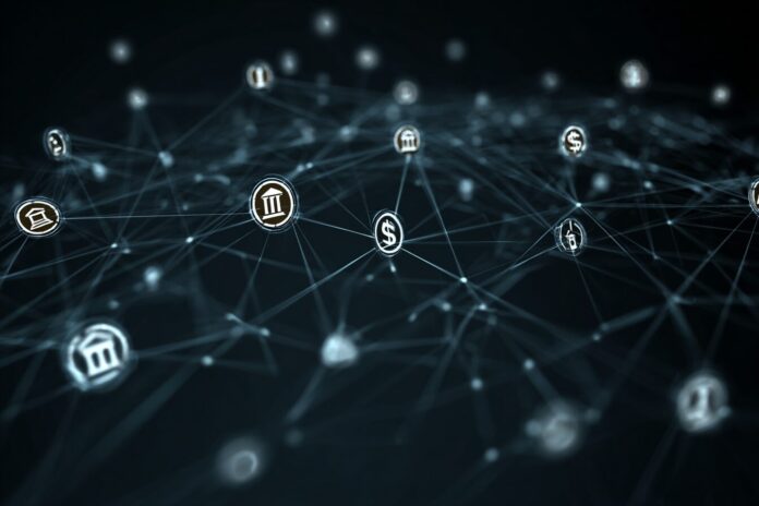 A digital network depicting interconnected institutional nodes and blockchain compliance icons.