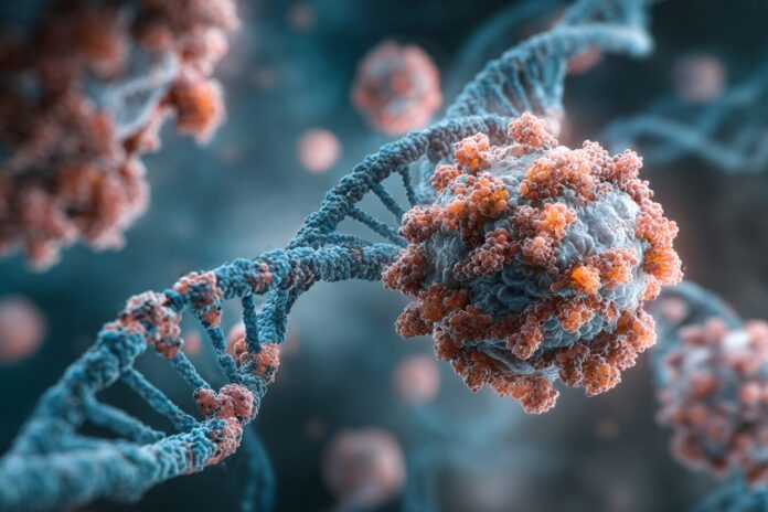 Microscopic view of herpes simplex virus-1 particles interacting with human DNA.