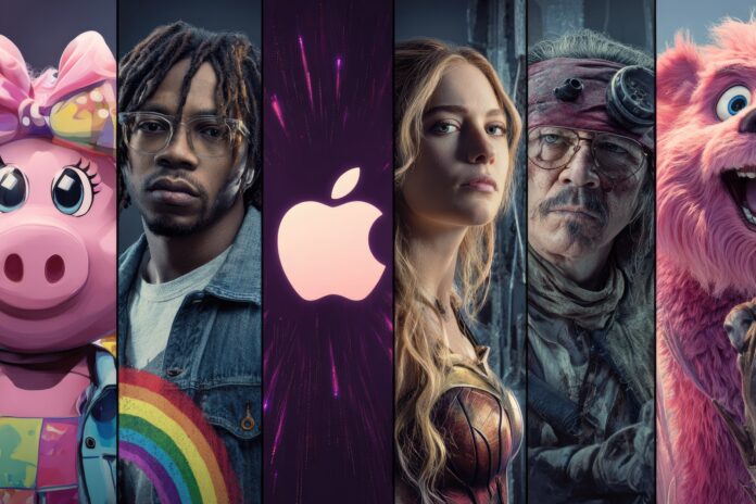 A collage featuring popular Apple TV+ show characters and logos.