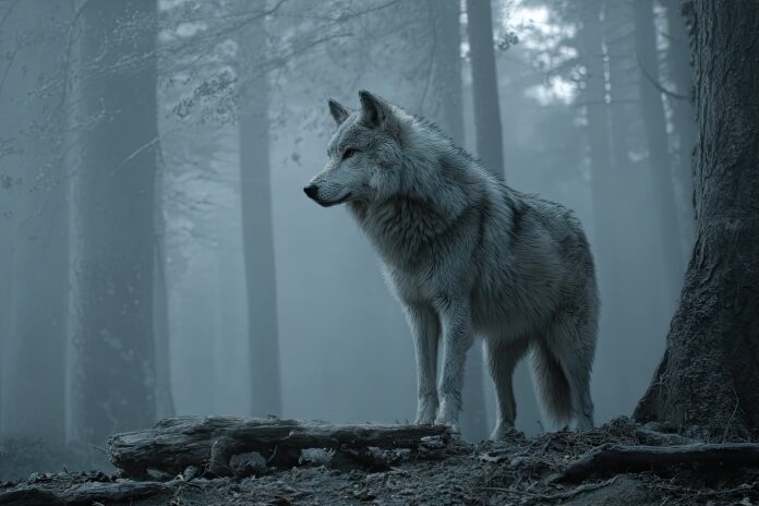 Artistic representation of a dire wolf standing in a misty prehistoric forest.