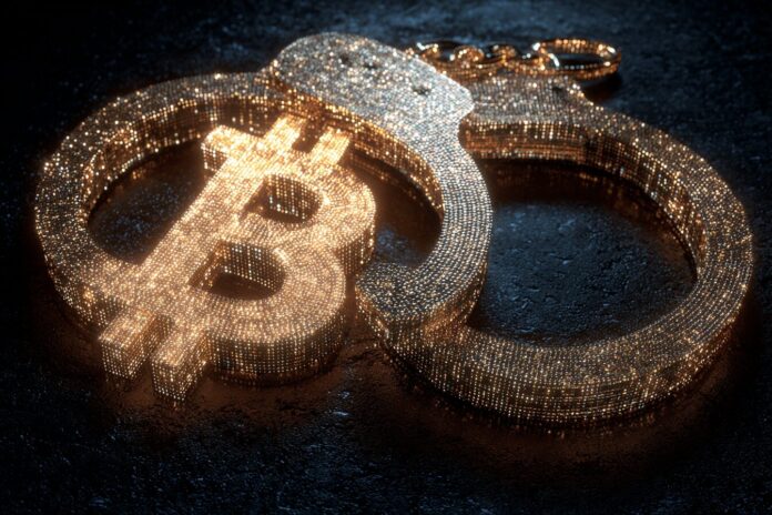 Digital handcuffs wrap around a shining Bitcoin symbol representing crypto crime crackdown.