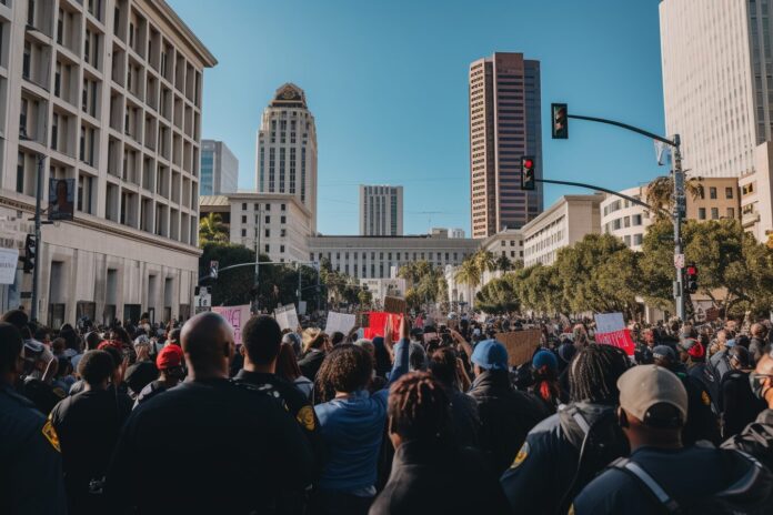 A group of protesters gathering in downtown Los Angeles, with police presence visible in the background.