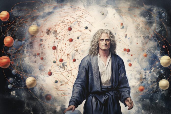Portrait of Isaac Newton with diagrams of planetary orbits and falling apples