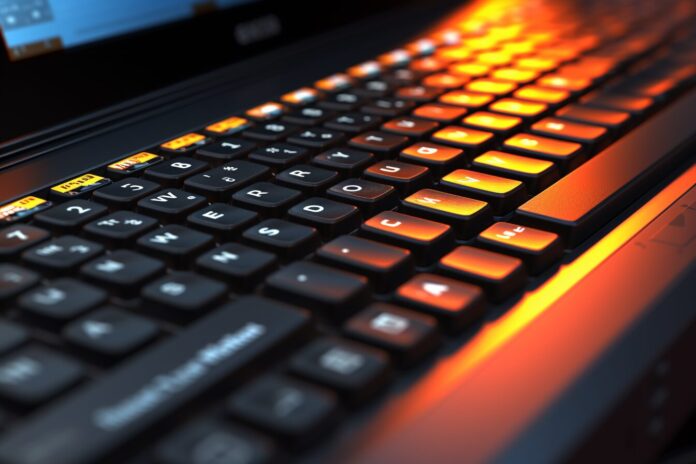 A closeup view of a mechanical keyboard connected to a Linux laptop running Vial software.
