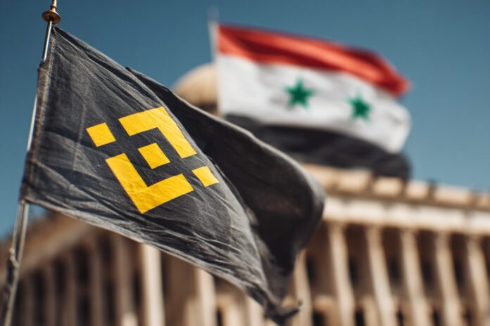 A view of Binance’s homepage with the Syrian flag behind it, symbolizing Binance's launch in Syria.