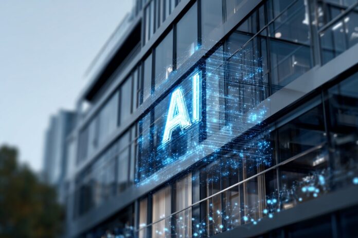 Meta headquarters building with digital AI graphics overlay, symbolizing Meta's investment in AI.