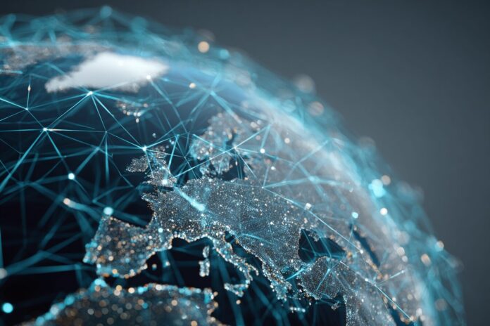 A digital network overlaying a globe, symbolizing global supply chain interconnectedness enhanced by AI.