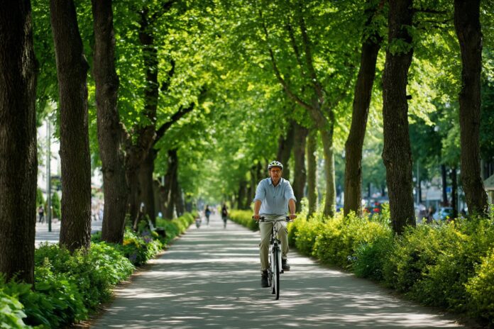 An adult cyclist pedaling along a tree-lined city path in midlife