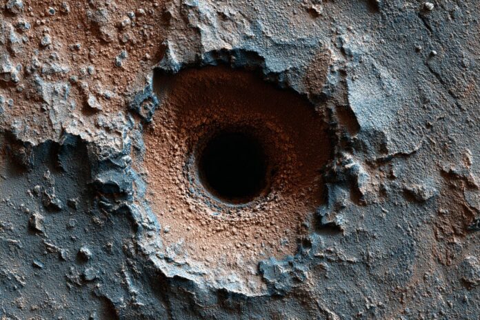 A close-up image of the Altadena drill hole on Mars, highlighting color and texture variation in the exposed rock.