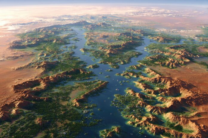Artistic rendering of a terraformed Mars with rivers, forests, and human colonies
